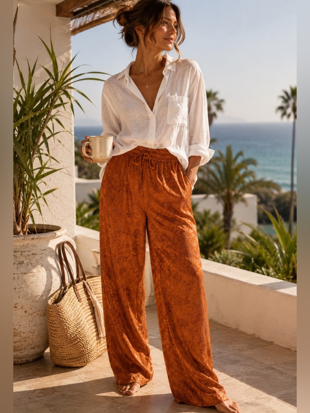 L*Space In Your Dreams Rust Floral Satin Lounge Resort Pants Pajama Sz S - Picture 1 of 13